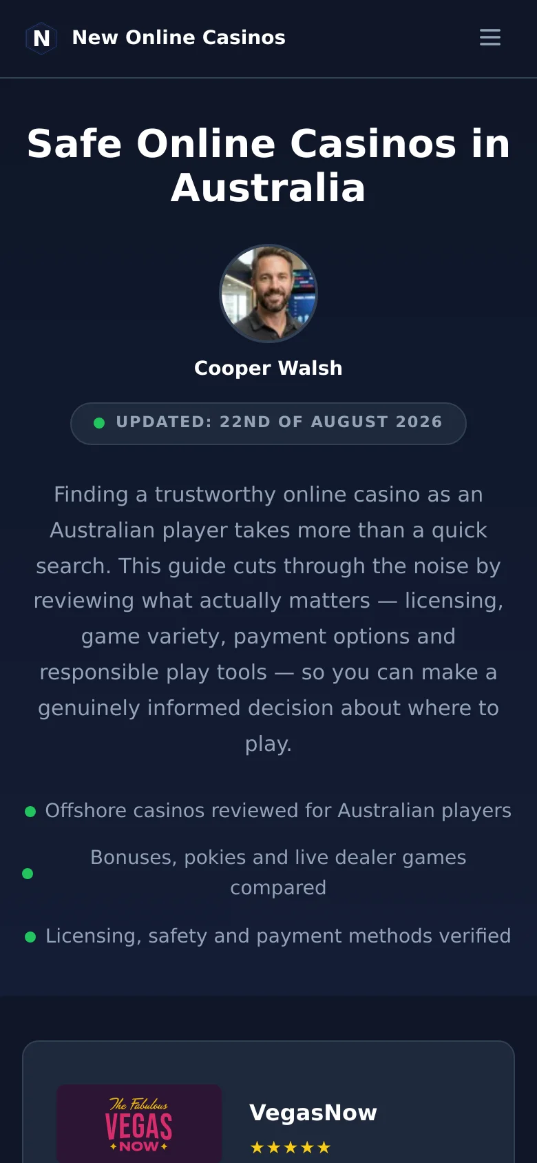 The mobile version presents a vertically stacked layout optimized for small screens, with the headline and author profile centered at the top. The casino offer cards are narrower, focusing on the logo, bonus details, and a prominent green 'Play Now' button. A hamburger menu icon replaces the desktop navigation bar for streamlined access.