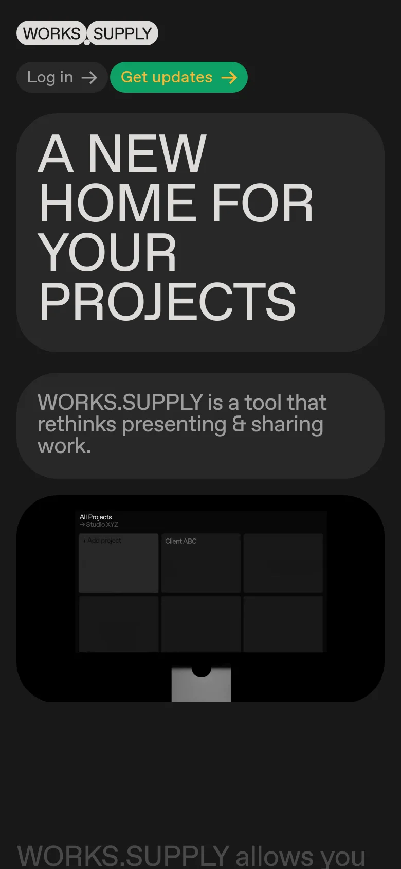 The mobile version maintains the dark theme and bold white typography but stacks the hero elements vertically. The large headline 'A NEW HOME FOR YOUR PROJECTS' appears above the descriptive text, and the navigation links are positioned at the top, followed by a vertically oriented project dashboard mockup.