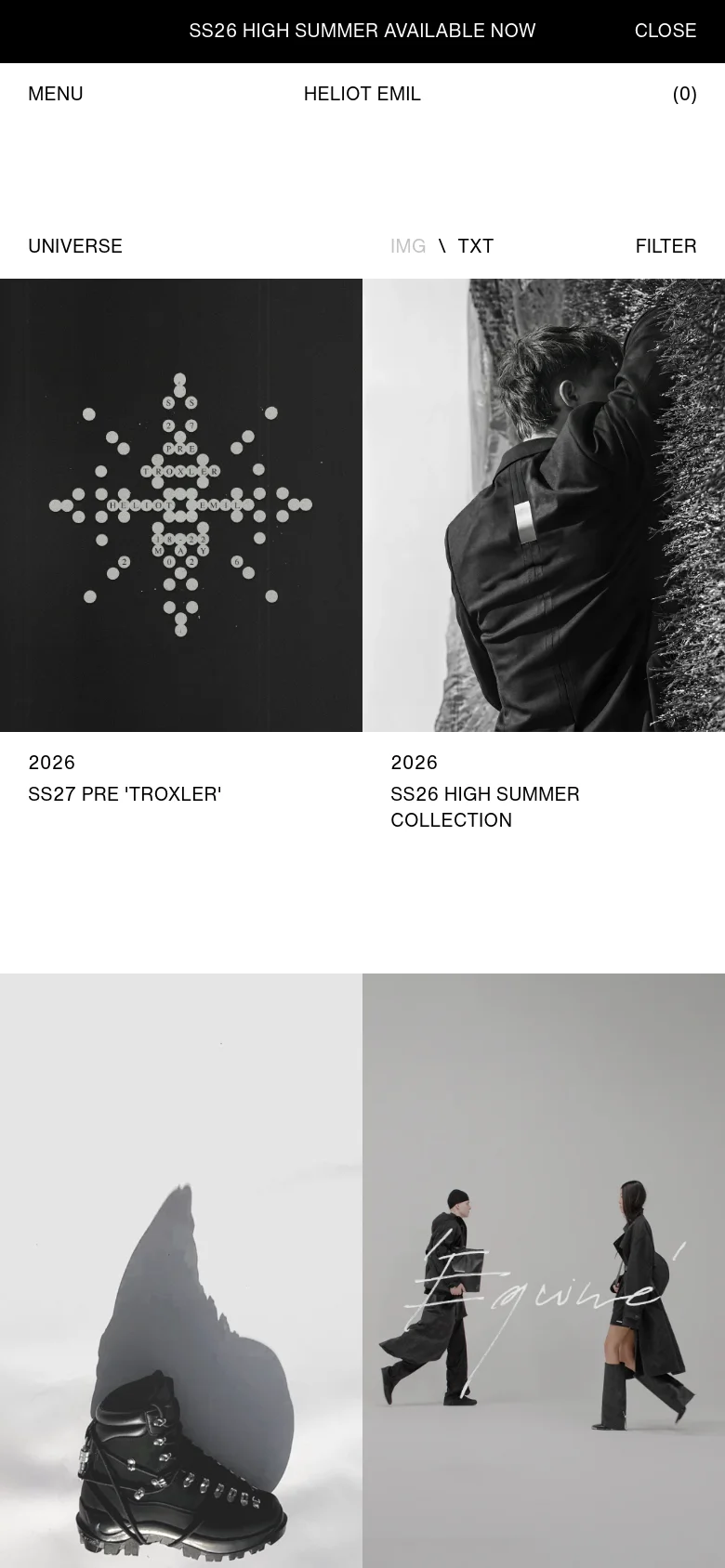 The mobile version presents a single-column vertical scroll of large, full-width editorial images. The navigation is condensed into a 'MENU' button and a 'FILTER' option at the top, prioritizing a seamless visual experience of the brand's archive on a smaller screen.