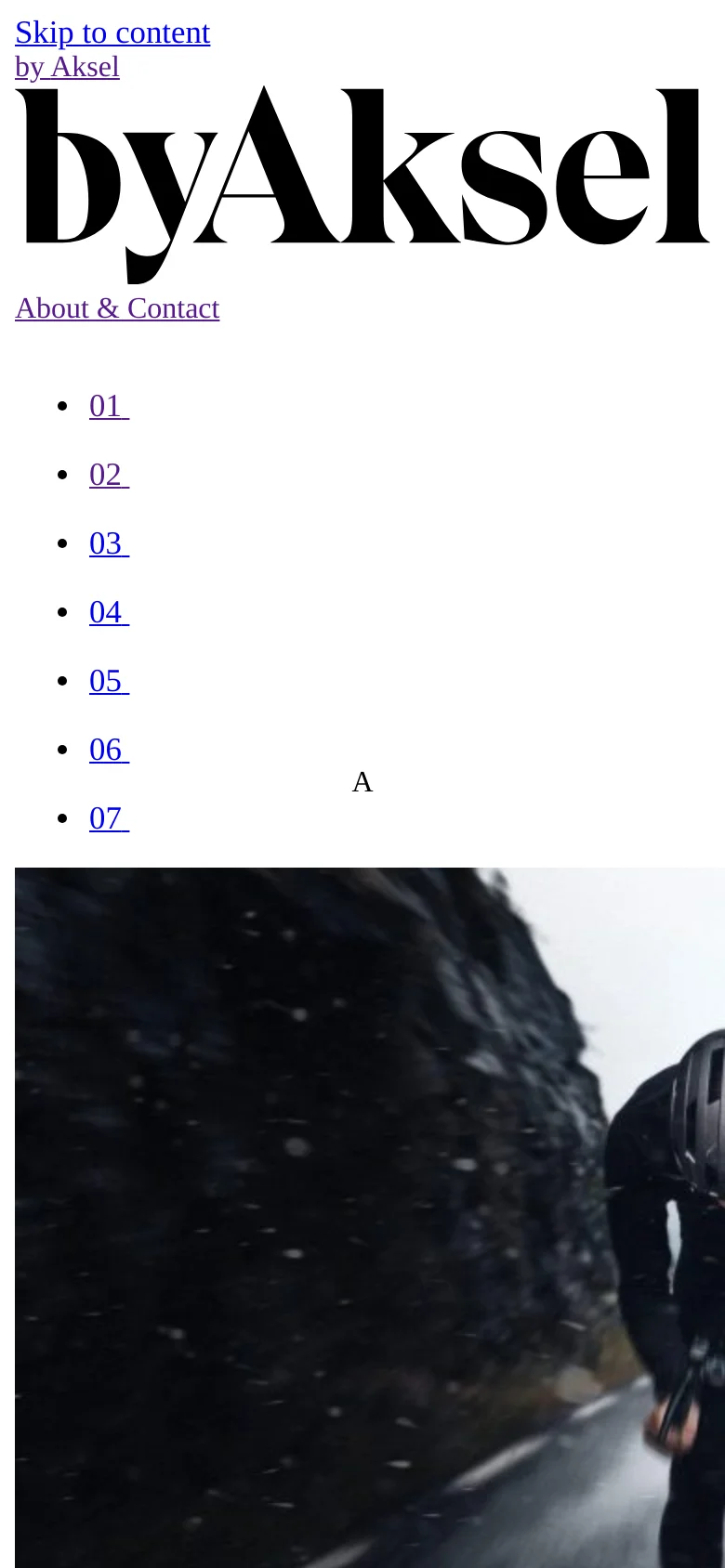 The mobile version maintains the white background and large black serif branding but rearranges the layout for a narrow screen. The navigation numbers (01-07) are stacked vertically on the left side, and the hero image is cropped to show a close-up, vertical view of a dark, snowy mountain landscape.