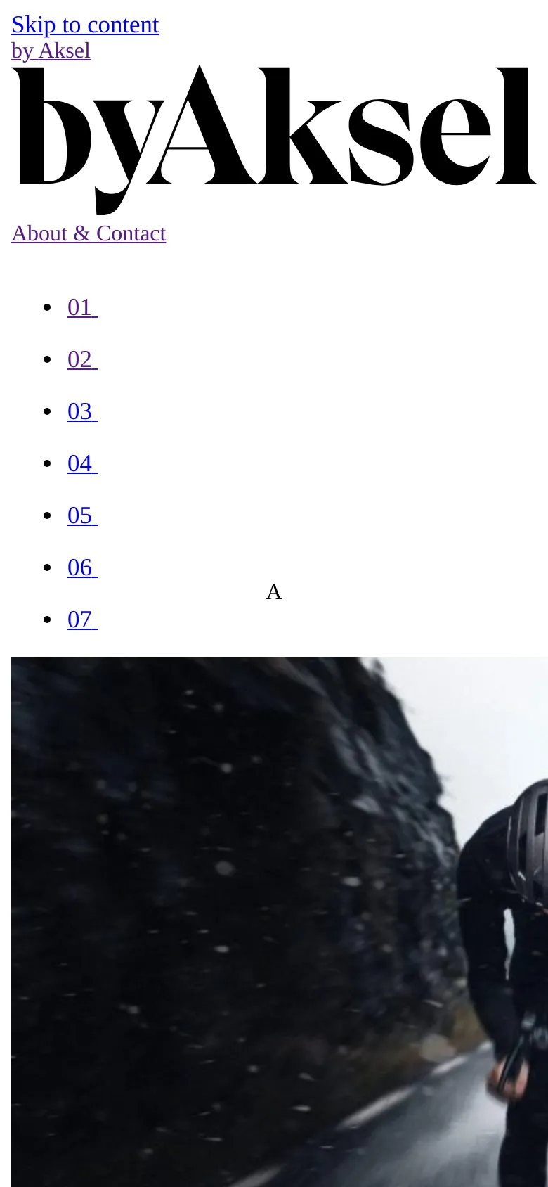 The mobile version maintains the white background and large black serif branding but rearranges the layout for a narrow screen. The navigation numbers (01-07) are stacked vertically on the left side, and the hero image is cropped to show a close-up, vertical view of a dark, snowy mountain landscape.