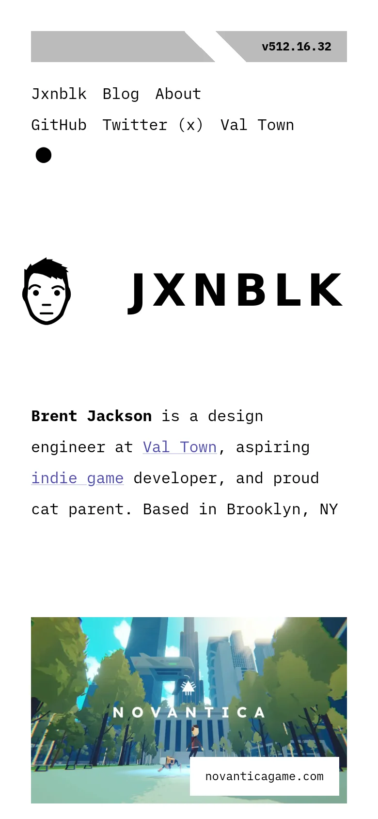 The mobile version maintains the minimalist white and black aesthetic but uses a stacked layout. The navigation links are arranged in multiple rows at the top, and the hero image is centered below the bio text with a 'novanticagame.com' call-to-action overlay.