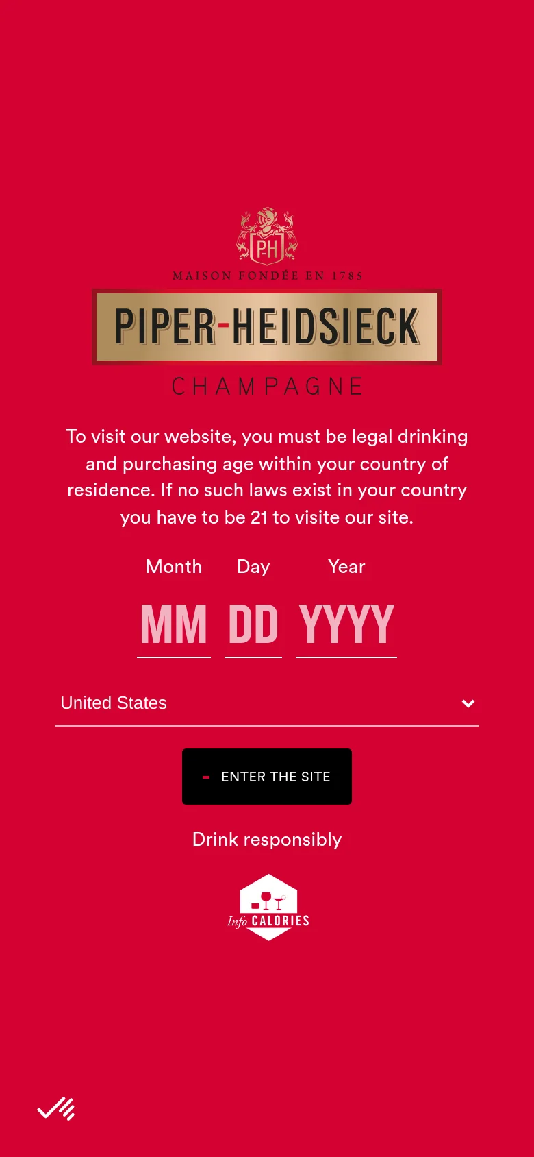 The mobile version presents a vertically stacked layout, starting with the champagne bottle hero imagery and the 'ESSENTIEL COLLECTION' headline. The age verification section follows, featuring large, easy-to-tap input fields for month, day, and year on a bright red background. The navigation and cookie consent elements are scaled for smaller touchscreens.