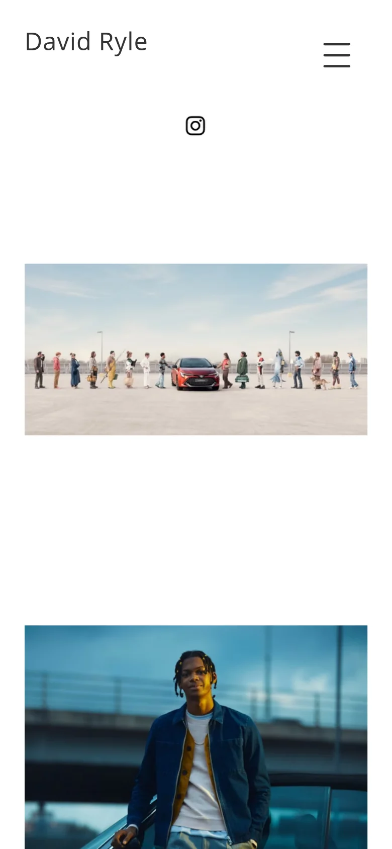 The mobile version of the homepage features a simplified layout with the name 'David Ryle' at the top left and a hamburger menu icon on the right. The content transitions to a single-column vertical scroll of large, full-width photographic images, with an Instagram icon positioned below the header.