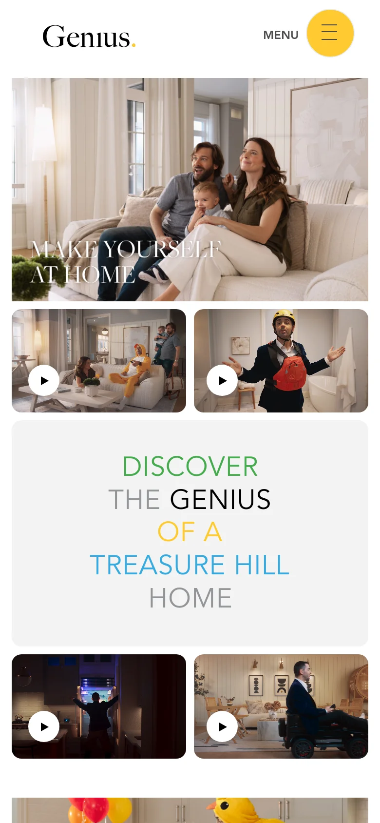 The mobile version presents a vertically stacked layout, beginning with the family hero image and headline. The central call-to-action card 'DISCOVER THE GENIUS OF A TREASURE HILL HOME' is positioned prominently below the hero, followed by video thumbnails arranged in a single column for easier scrolling. The header is simplified, featuring the logo and a large circular menu icon.