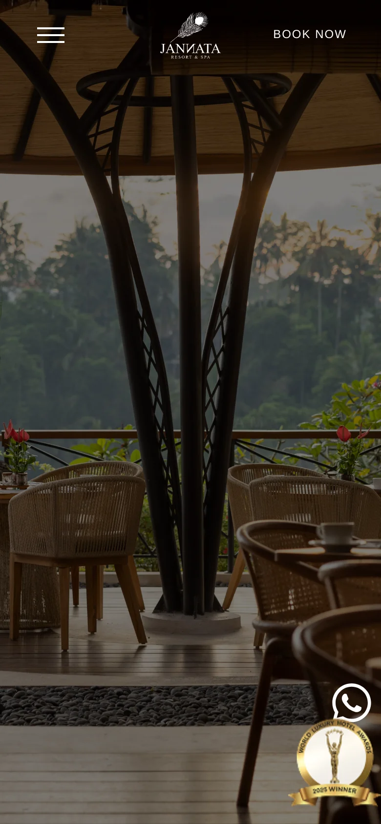 The mobile version simplifies the layout, replacing the horizontal navigation with a hamburger menu icon on the left and the Jannata logo in the center. The 'BOOK NOW' text is moved to the right, and the hero image of the jungle terrace remains the dominant background element behind the centered text and buttons.