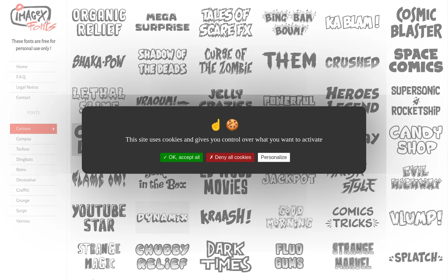 The desktop view shows a font gallery for 'Cartoon' fonts on a light gray background. A left-hand sidebar contains the site logo, a disclaimer, and navigation links for site pages and font categories. The main content area displays a grid of animated GIF previews of various cartoon-style fonts, such as 'Organic Relief' and 'Mega Surprise'.