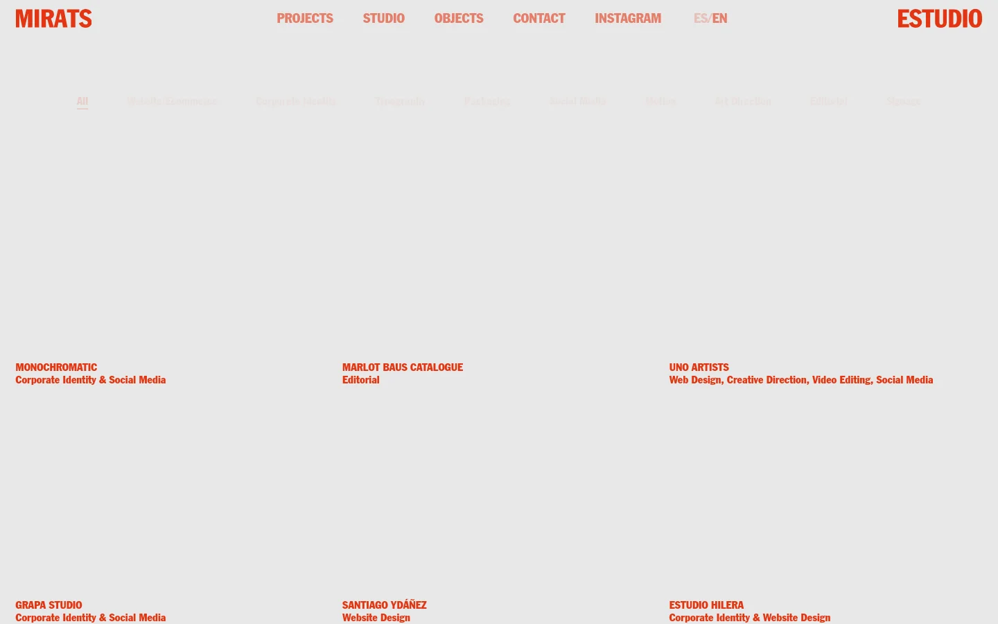 The desktop Projects page features a minimalist design with a light grey background and red typography. A navigation menu at the top includes links for Projects, Studio, Objects, Contact, Instagram, and language selection, while a sub-navigation filter allows users to sort projects by category like Website, Corporate Identity, and Typography. Below the filters, a grid layout displays project thumbnails with red titles and descriptions such as 'MONOCHROMATIC' and 'MARLOT BAUS CATALOGUE'.