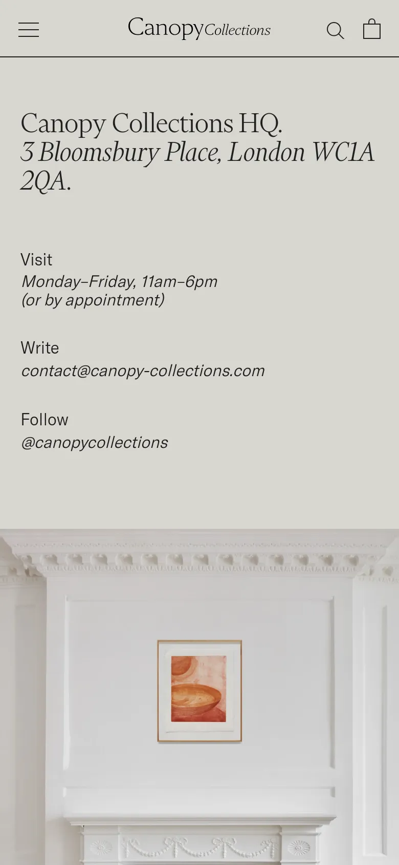 The mobile version uses a single-column layout with the contact information stacked vertically above a large hero image of the art installation. The header is condensed, featuring a hamburger menu icon on the left, the Canopy Collections logo in the center, and search and shopping bag icons on the right.