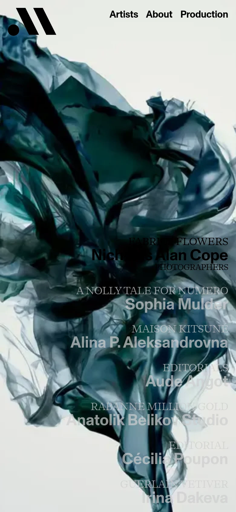 The mobile version presents a vertically stacked layout where the flowing dark fabric hero image fills the entire screen. The navigation menu is condensed, and the project text, including titles like 'FABRICS FLOWERS' and artist names, is overlaid on the lower half of the image in a single column.