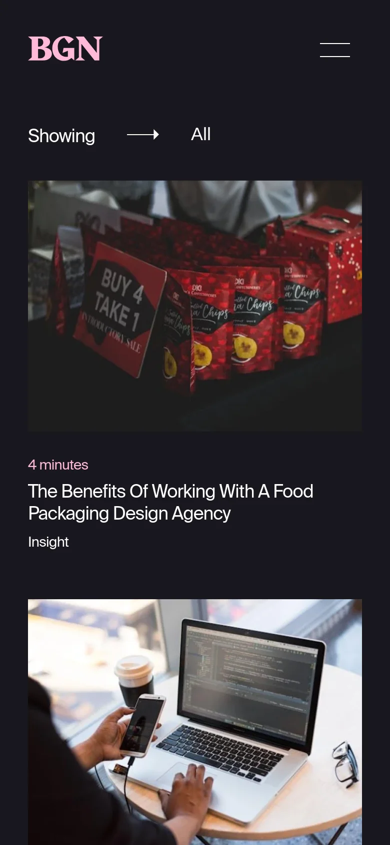 The mobile version simplifies the layout into a single-column vertical stack of blog posts. The top navigation is condensed into a hamburger menu icon, and the grid of images and text spans the full width of the screen for easier scrolling.