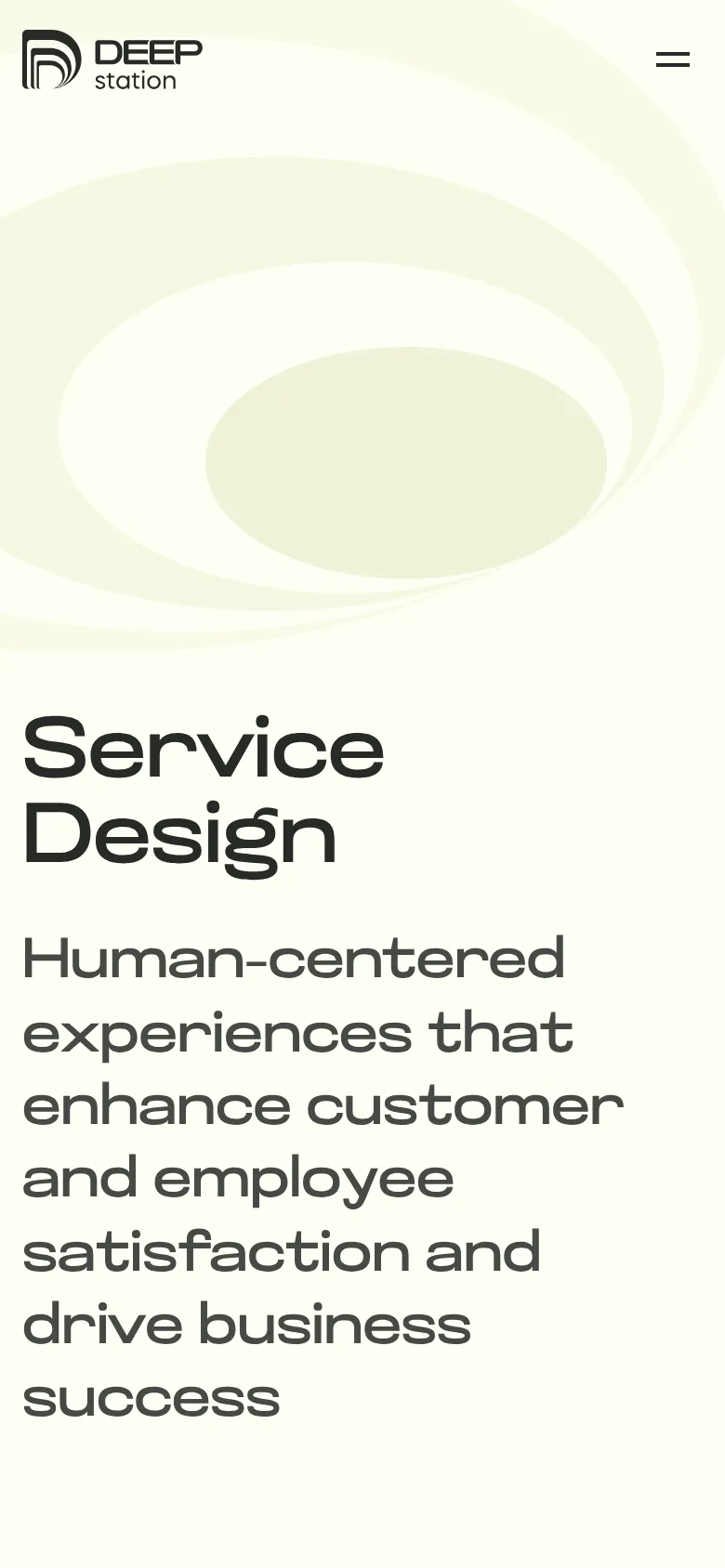 The mobile version simplifies the layout, showing the 'DEEP station' logo and a hamburger menu icon at the top. The large 'Service Design' headline and subheadline are stacked vertically against the same cream background with abstract circular motifs.