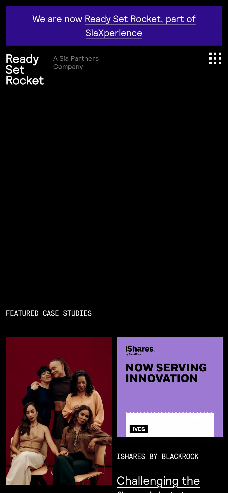 The mobile version maintains the dark aesthetic but uses a single-column vertical layout. The featured case studies and the full grid of project tiles are stacked vertically for easier scrolling on a smaller screen.
