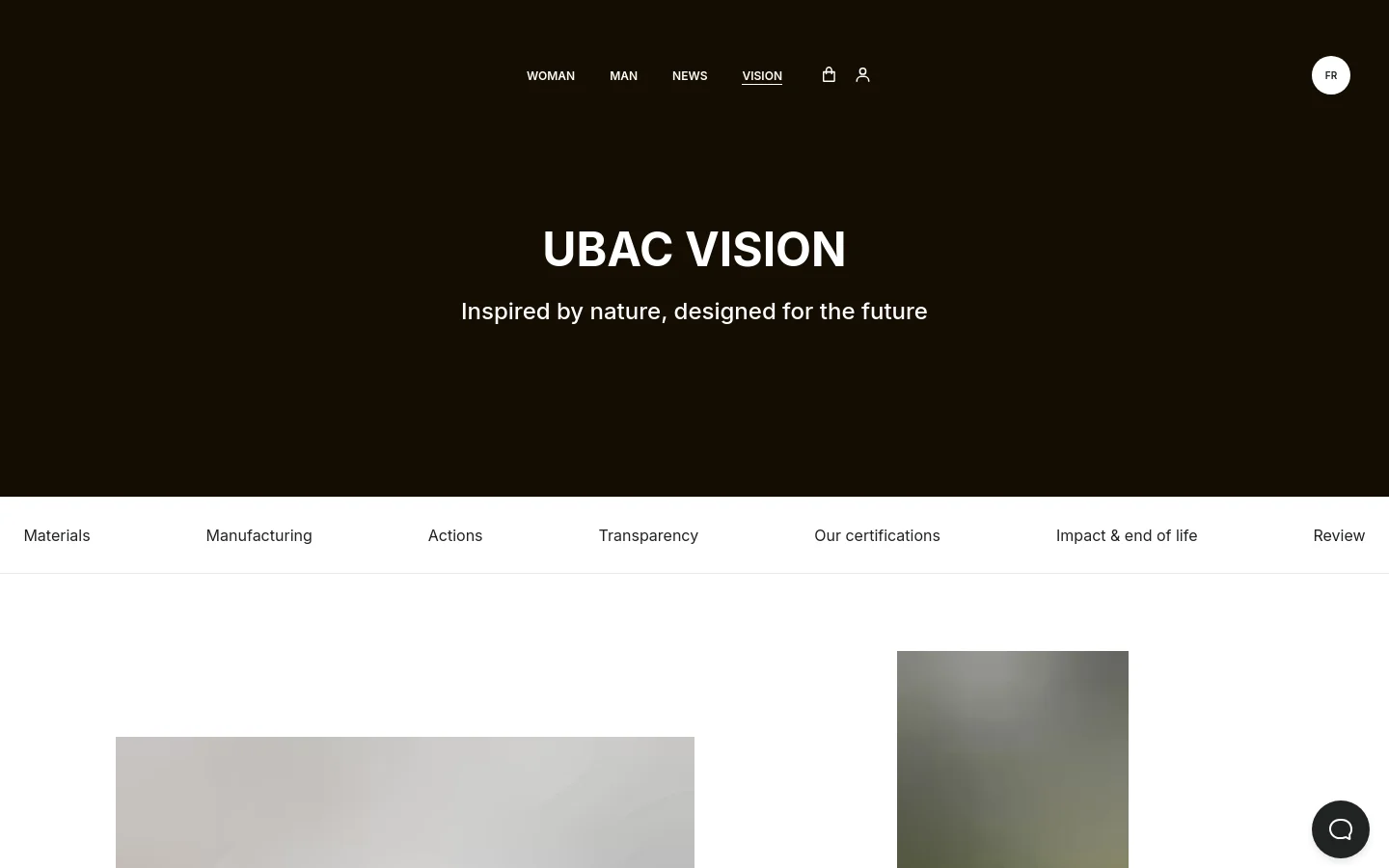 The desktop version features a dark, minimalist header with navigation links for Woman, Man, News, and Vision. The hero section has a large black background with the white headline 'UBAC VISION' and the subheadline 'Inspired by nature, designed for the future.' Below the hero, a white horizontal navigation bar provides quick links to sections like Materials, Manufacturing, and Actions.