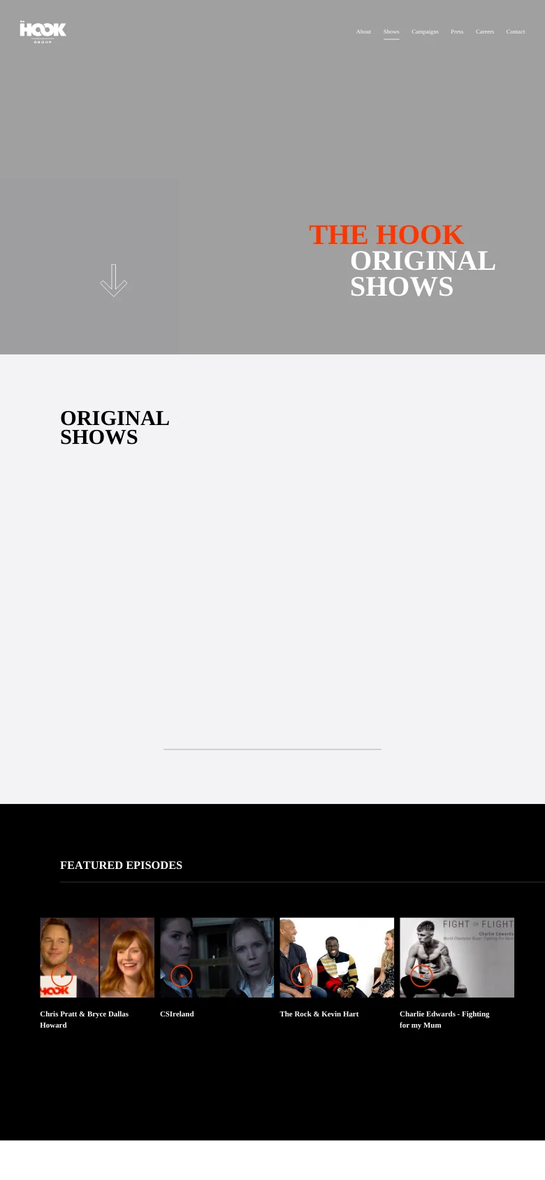 The mobile version maintains the dark aesthetic but uses a vertically stacked layout. The hero text 'THE HOOK ORIGINAL SHOWS' is centered, and the featured episode thumbnails are arranged in a single column for easier scrolling. The navigation menu is simplified to accommodate the smaller screen width.