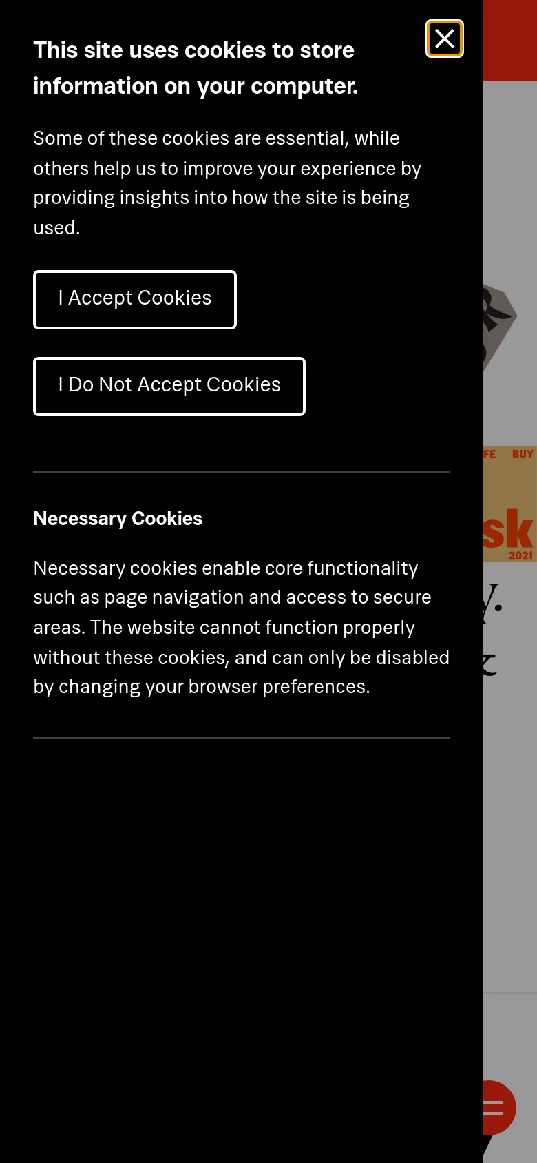 The mobile version presents a simplified vertical layout with a dark cookie consent overlay covering much of the screen. The hero typography is scaled for a narrow viewport, and the navigation is tucked into a hamburger menu icon at the bottom right. The typeface grid and project sections transition into a single-column scrollable format.