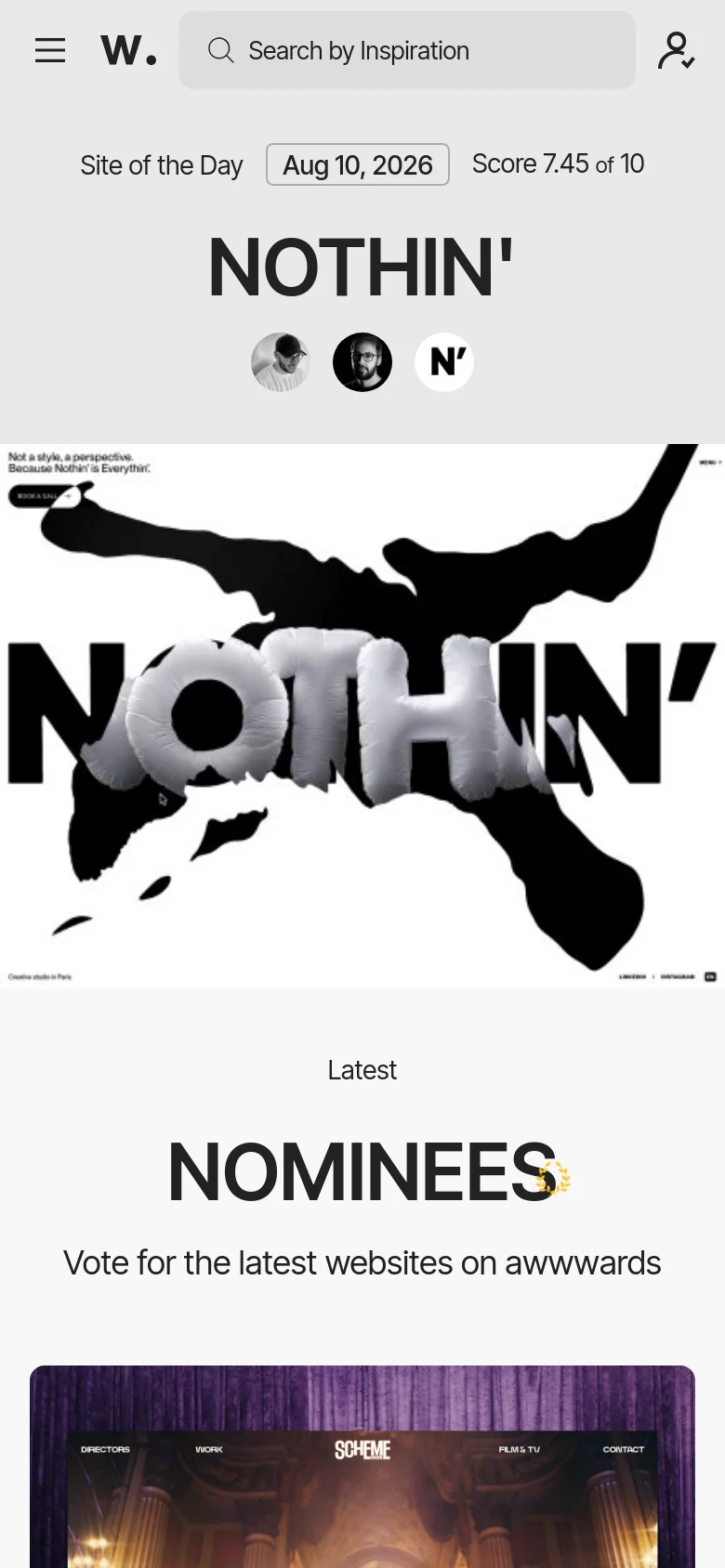 The mobile version presents a simplified vertical layout with a hamburger menu and a search bar at the top. The 'Site of the Day' hero section remains prominent with large 'NOTHIN'' text and creator profiles, but the content is stacked vertically to fit the narrow screen. The 'Latest Nominees' section follows below, optimized for vertical scrolling.