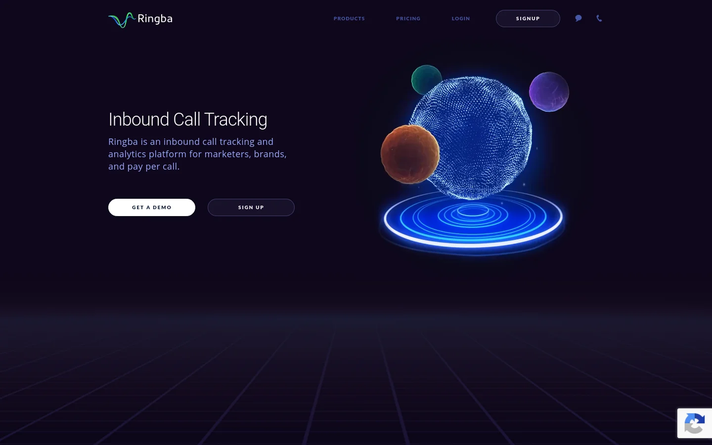 The desktop homepage features a dark blue theme with a grid floor and a large, glowing 3D celestial graphic of a blue sphere surrounded by smaller planets. The headline 'Inbound Call Tracking' is positioned on the left with 'Get a Demo' and 'Sign Up' call-to-action buttons below it, and a navigation menu at the top right.