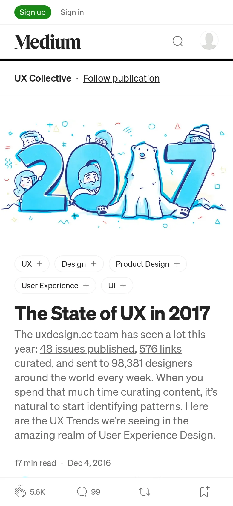 Mobile view of the same Medium article, featuring a vertically stacked layout. The colorful '2017' illustration spans the width of the screen above the article title and tags. The navigation and social interaction icons, such as claps and comments, are condensed at the bottom of the viewport.