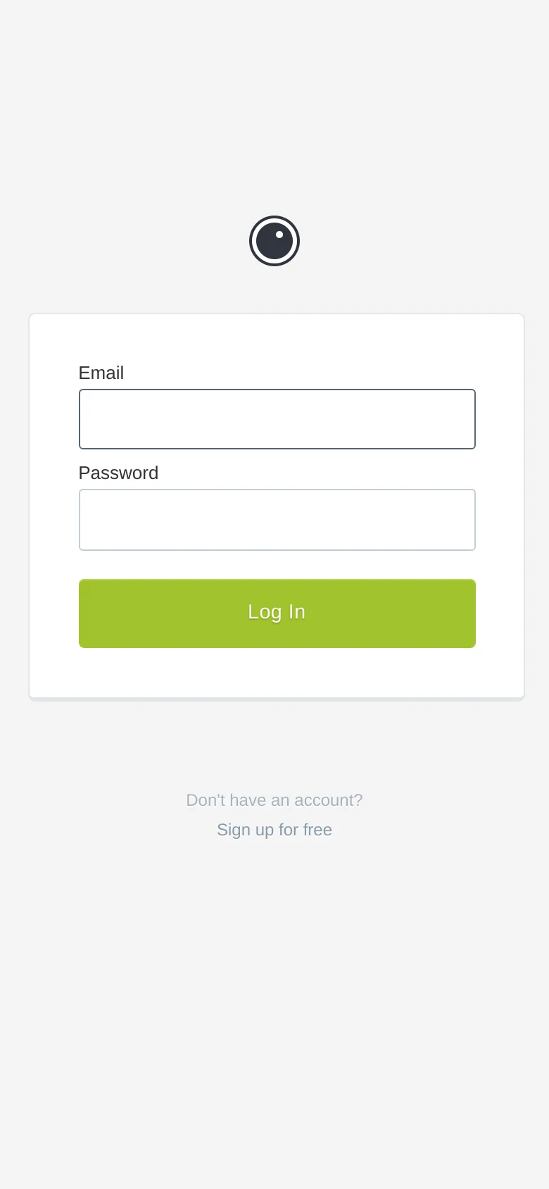 The mobile version presents the same minimalist layout as the desktop, with the login card and lime green button scaled to fit the screen width. The white card, input fields, and 'Sign up for free' link remain centered on a light gray background.