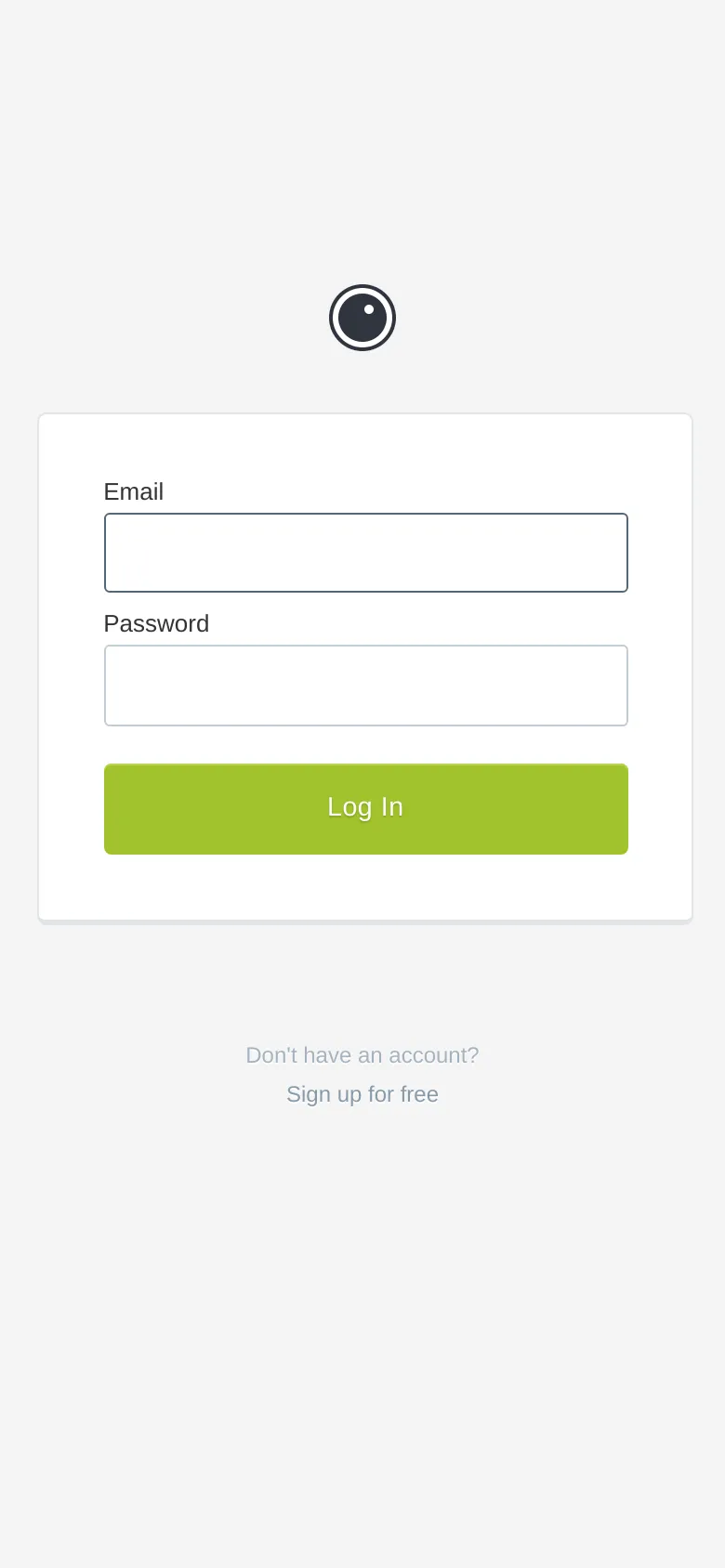 The mobile version presents the same minimalist layout as the desktop, with the login card and lime green button scaled to fit the screen width. The white card, input fields, and 'Sign up for free' link remain centered on a light gray background.