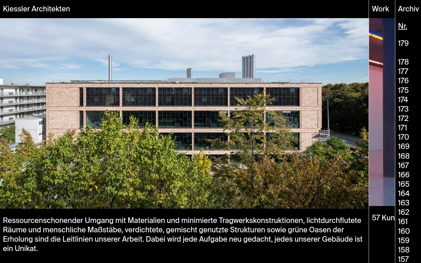 The desktop homepage for Kiessler Architekten features a large hero image of a modern brick building behind green trees. Below the hero section, a text block describes the firm's philosophy, followed by a grid of news articles including 'Villa Stuck' and 'Office to Housing' with accompanying images. The layout is clean with a black header and footer, using white text on a dark background for navigation.