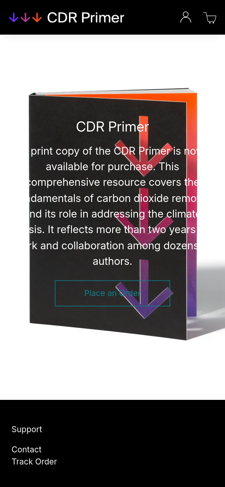 The mobile version simplifies the layout with a black header containing the logo, profile, and cart icons. The hero section centers the book image and text, stacking the headline, description, and 'Place an Order' button vertically for easier scrolling on smaller screens.