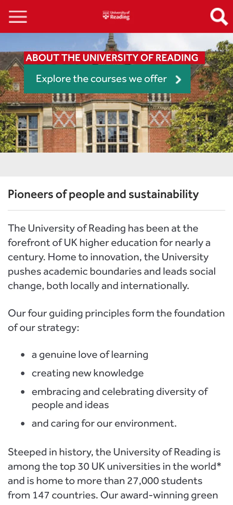 The mobile version simplifies the layout with a red header containing a hamburger menu icon, the university logo, and a search icon. The hero section features the same brick building and greenery, but the red 'ABOUT THE UNIVERSITY OF READING' banner and teal 'Explore the courses we offer' button are stacked vertically to fit the narrow screen. The main body text follows below in a single-column format.