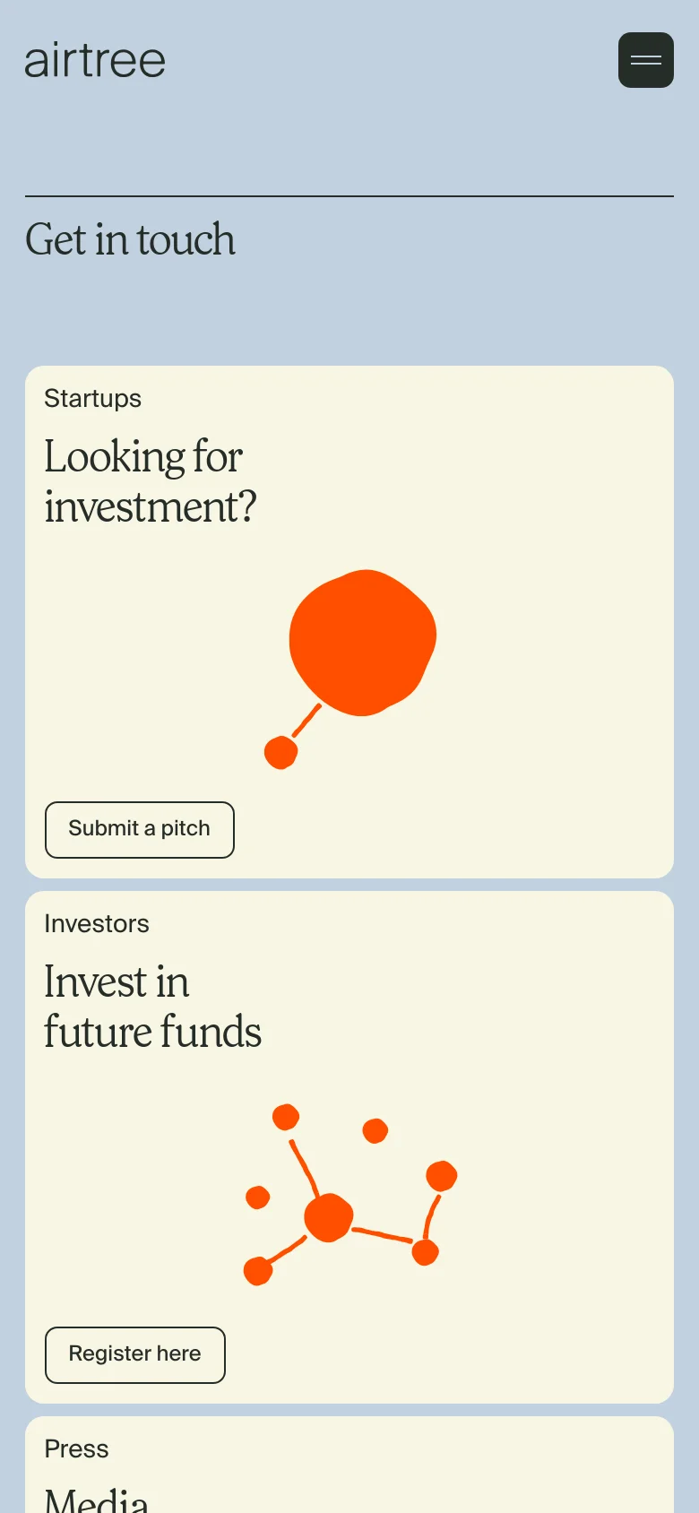 Airtree Ventures Get in touch page with a vertically stacked mobile layout. The cream-colored contact cards for Startups, Investors, and Press are reflowed into a single column, maintaining the bold serif headings and orange abstract graphic elements.