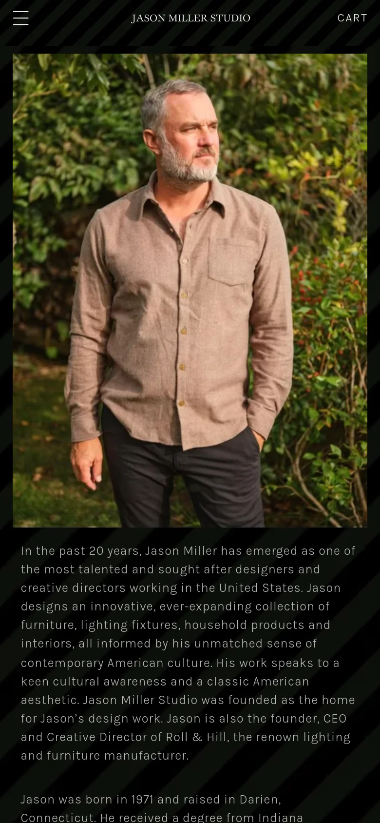 The mobile version displays a full-width portrait of Jason Miller at the top, followed by biographical text below. The layout is single-column with a simplified header containing a hamburger menu, the studio name, and a cart link.