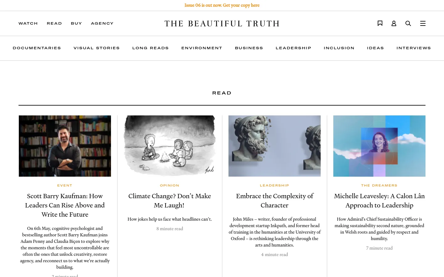 The desktop page for 'Read' features a clean, minimalist white layout with a top navigation bar containing links like Documentaries and Leadership. Below a large 'READ' heading, articles are arranged in a horizontal grid, each consisting of a rectangular image, a category label in small caps, a bold title, a short summary, and a read time. The color palette is neutral, focusing on black text and high-quality photography.