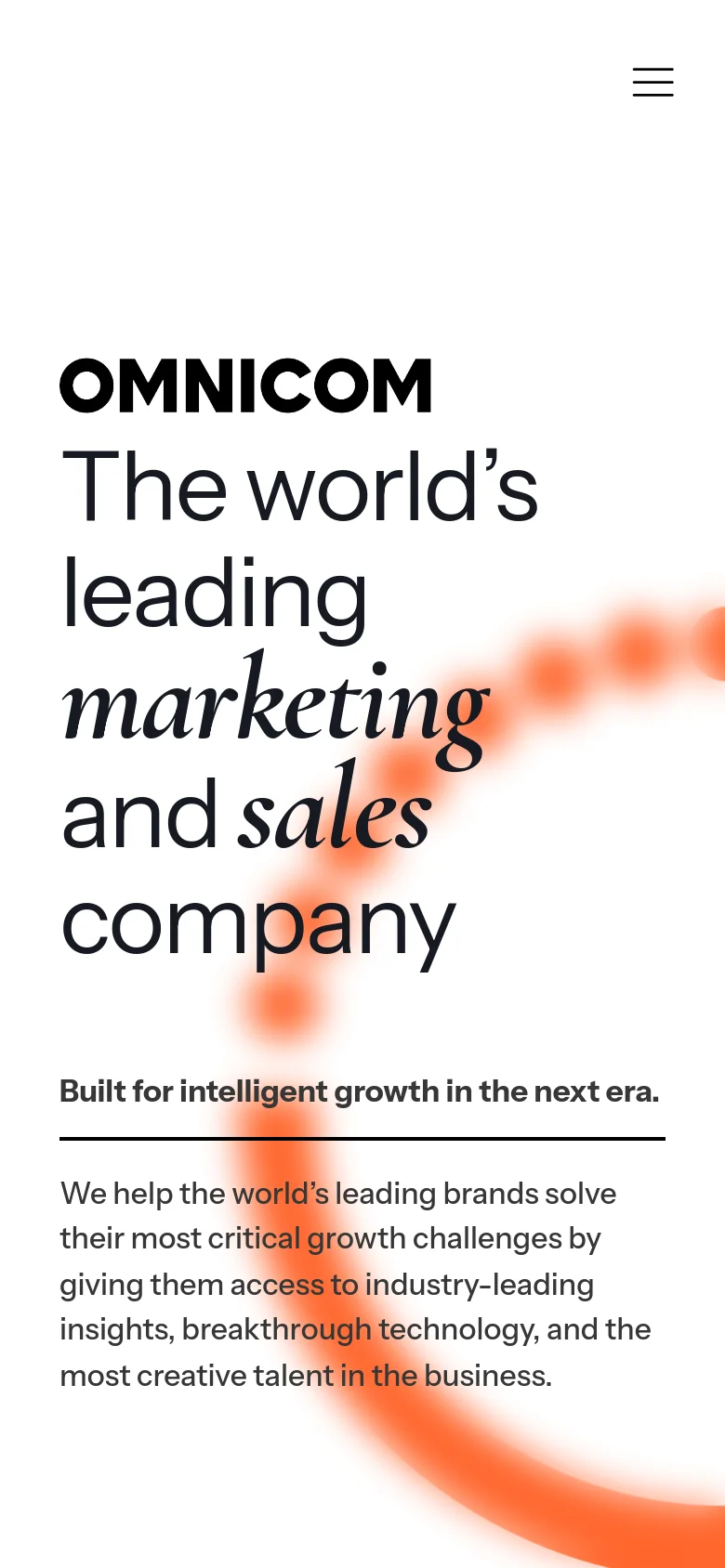 The mobile version simplifies the layout, replacing the top navigation bar with a hamburger menu icon in the top right. The large headline and orange circular graphic are stacked vertically, with the text centered and the graphic appearing as a blurred orange shape behind the content.