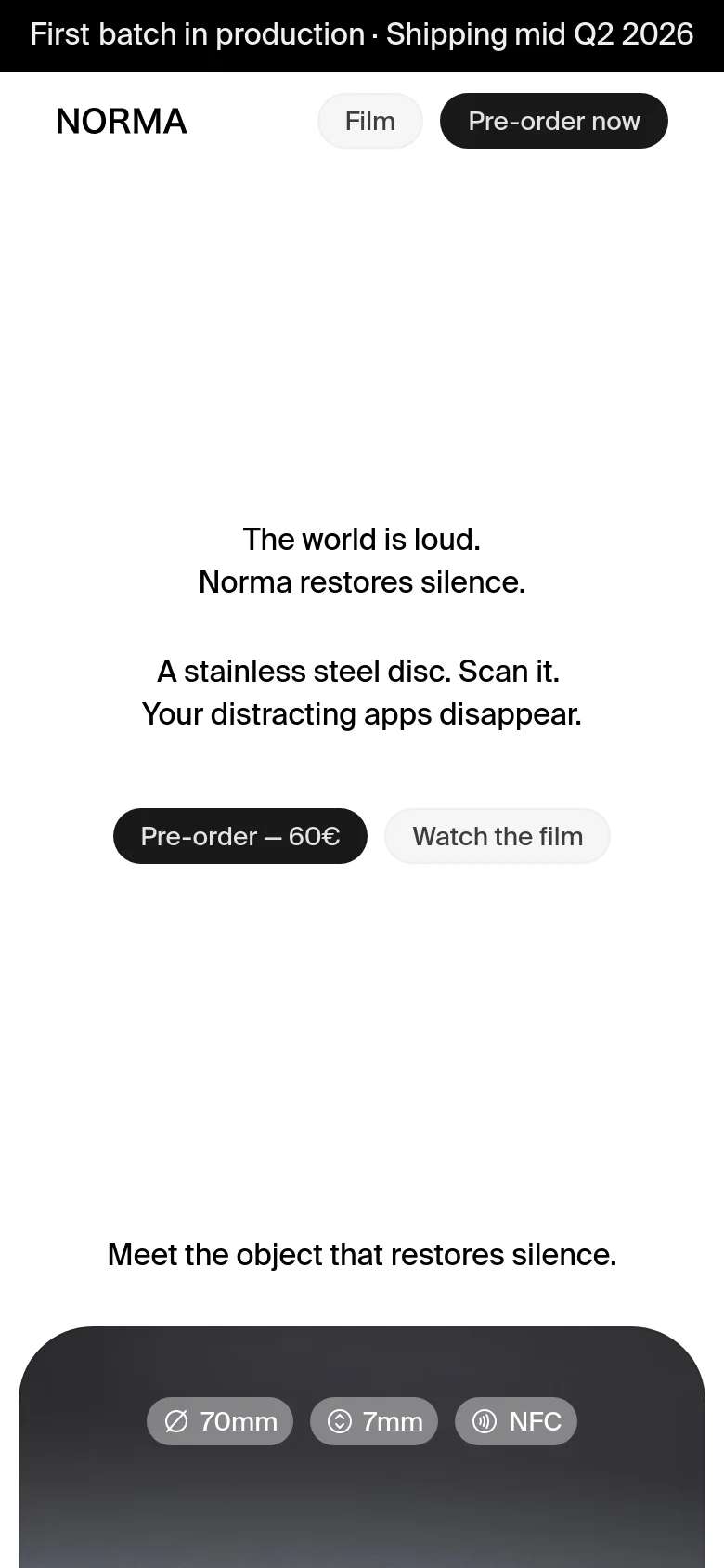 The mobile version maintains the minimalist white and black aesthetic but uses a vertically stacked layout optimized for narrow screens. The navigation is simplified, and the hero text and call-to-action buttons are centered to fit the viewport. Product details and specifications are presented in a single-column scrollable format.