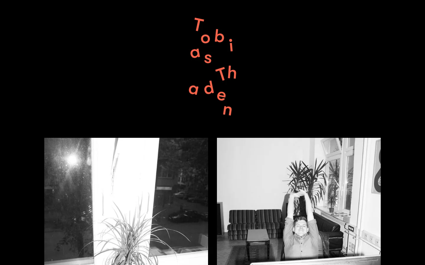 The desktop homepage features a minimalist black background with the name 'Tobias Thaden' scattered in large, orange, playful typography at the top. Below the name, two side-by-side black and white photographs show indoor scenes with plants and a person. The layout transitions into white text on a black background, detailing professional experience and a list of technical buzzwords.
