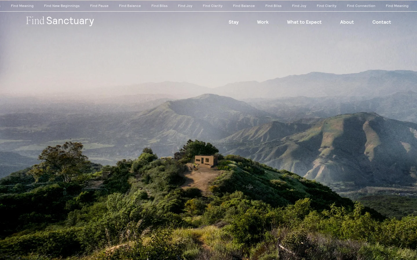 The desktop homepage features a wide, cinematic hero image of a misty mountain landscape with a small cabin. The 'Find Sanctuary' logo is on the top left, with a navigation menu including Stay, Work, What to Expect, About, and Contact on the right. A large headline reads 'A remedy to the noise' centered over the landscape.