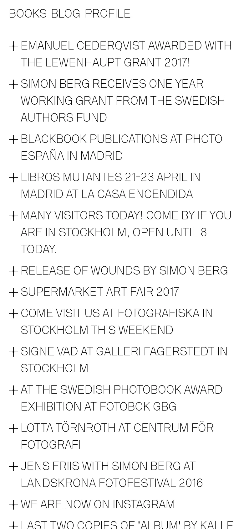 The mobile version maintains the minimalist white aesthetic but simplifies the navigation to 'BOOKS', 'BLOG', and 'PROFILE'. The news headlines are stacked vertically in a single column, appearing larger and more prominent to suit a narrow screen, while the icon-led list continues down the page.