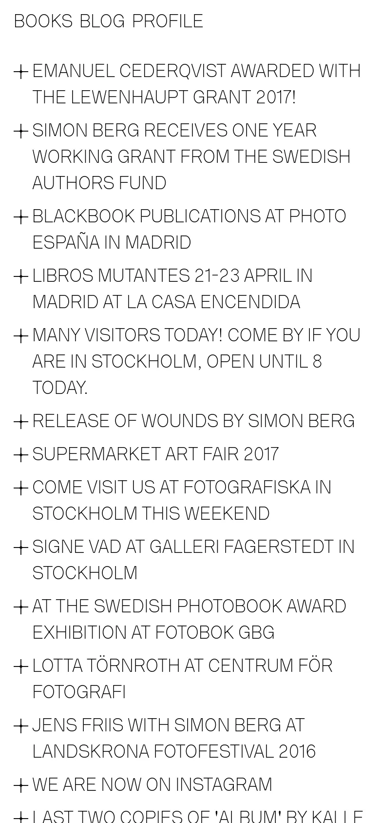 The mobile version maintains the minimalist white aesthetic but simplifies the navigation to 'BOOKS', 'BLOG', and 'PROFILE'. The news headlines are stacked vertically in a single column, appearing larger and more prominent to suit a narrow screen, while the icon-led list continues down the page.