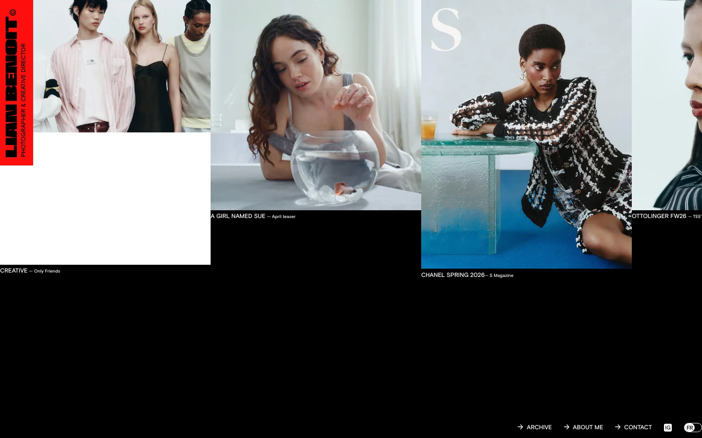 The desktop homepage features a minimalist black background with a large, high-fashion photographic grid showcasing diverse models. A vertical red sidebar on the left contains the name 'LIAN BENOIT' and her title, while navigation links for Archives, About, and Contact are located at the bottom right. The layout uses large-scale imagery with clean white typography for project titles.