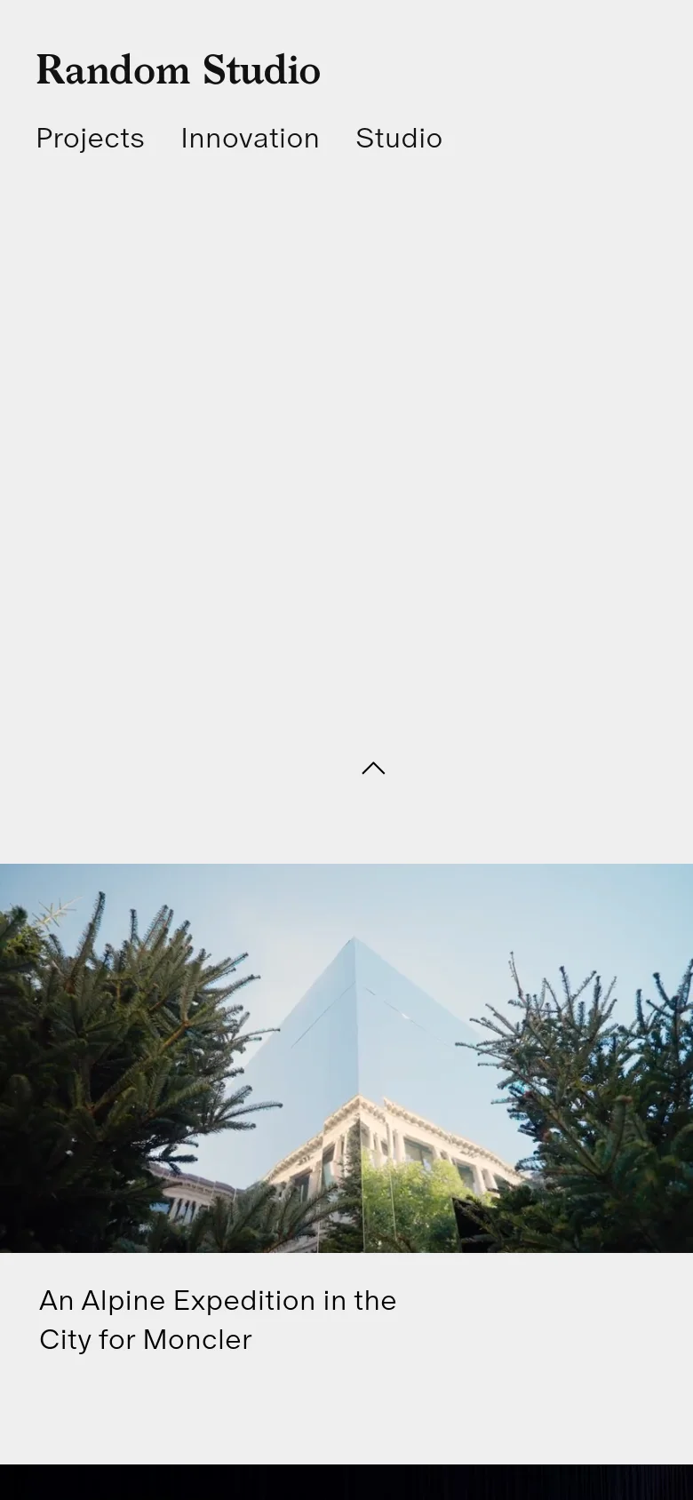 The mobile version simplifies the layout, placing the Random Studio logo at the top left and navigation links directly below it. The sub-navigation menu is centered, and the project card for Moncler occupies the full width of the screen, featuring a large landscape image and text at the bottom.