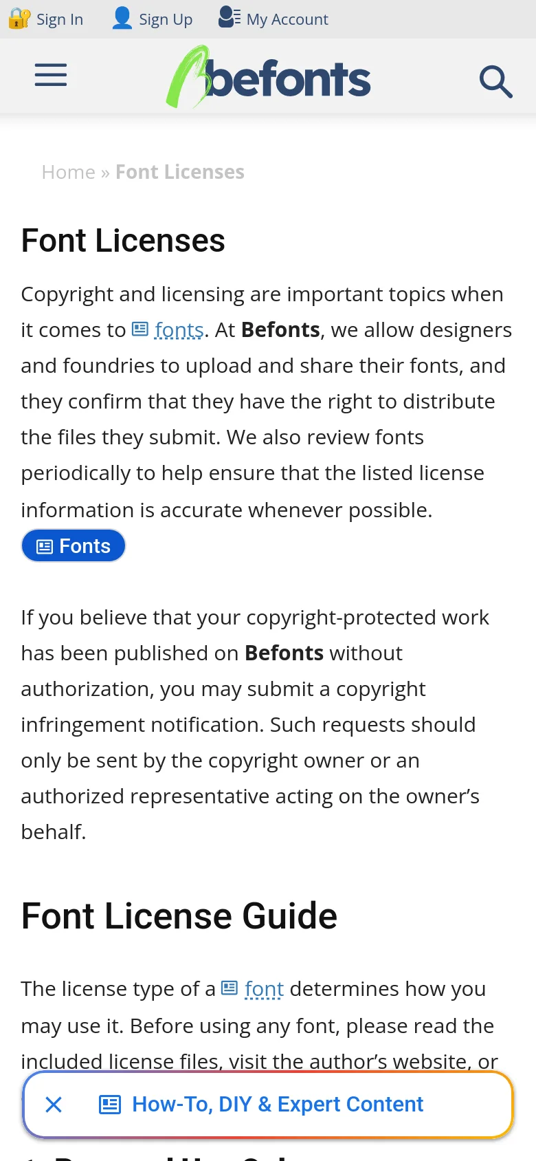 The mobile version presents a simplified, single-column layout optimized for vertical scrolling. The top navigation is condensed into a hamburger menu and a search icon next to the Befonts logo, while the main content remains centered with large, readable text and expanded spacing between sections.