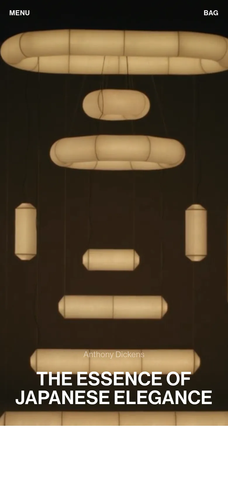 The mobile version presents a vertically oriented layout with a large, full-width hero image of a glowing pendant light. The navigation is simplified into a 'MENU' and 'BAG' header, and the headline 'THE ESSENCE OF JAPANESE ELEGANCE' is centered over the image. The product grid below transitions to a single-column view for easier scrolling on smaller screens.