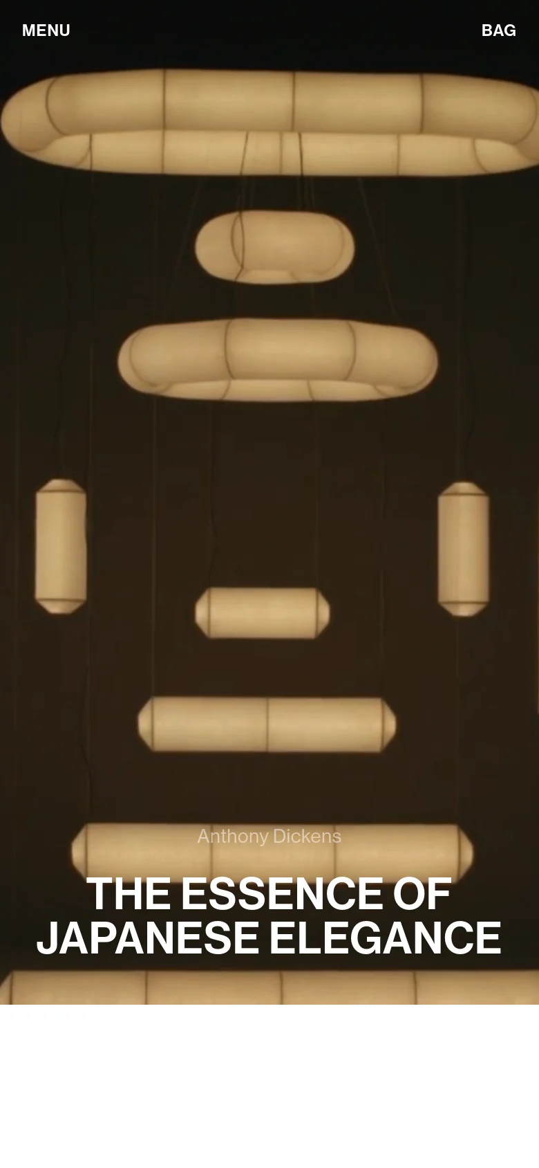 The mobile version presents a vertically oriented layout with a large, full-width hero image of a glowing pendant light. The navigation is simplified into a 'MENU' and 'BAG' header, and the headline 'THE ESSENCE OF JAPANESE ELEGANCE' is centered over the image. The product grid below transitions to a single-column view for easier scrolling on smaller screens.