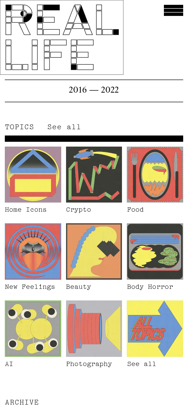 The mobile version shows the large geometric 'Real Life' logo at the top with a hamburger menu icon to the right. The 'Topics' section follows, displaying the same colorful abstract category illustrations in a responsive grid layout that adapts to the narrower screen width.