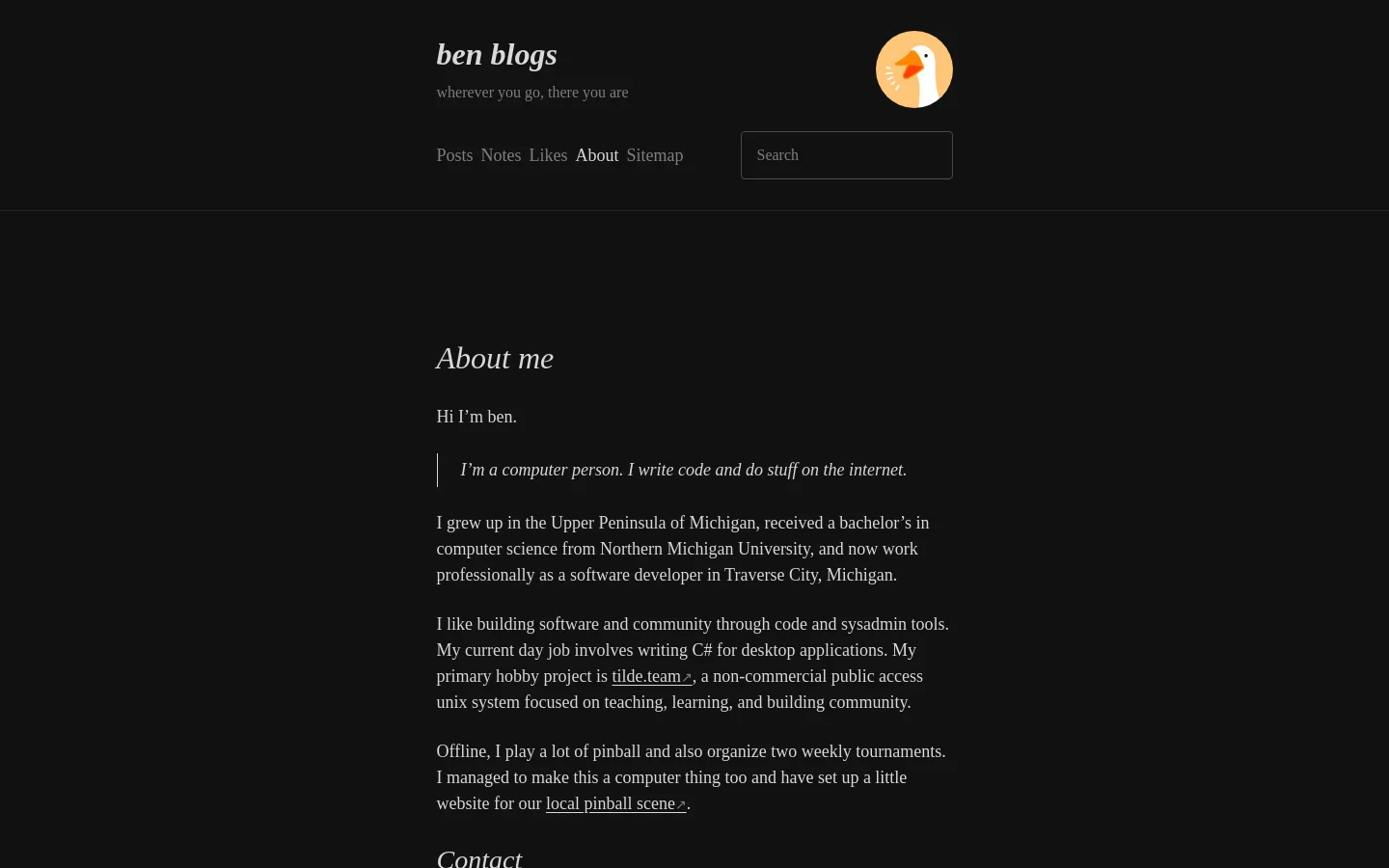 The desktop About page features a dark theme with white serif text. A header contains the site title 'ben blogs', a duck logo, a navigation menu, and a search bar, while the main content area displays a biographical text about Ben, including a blockquote and contact information.