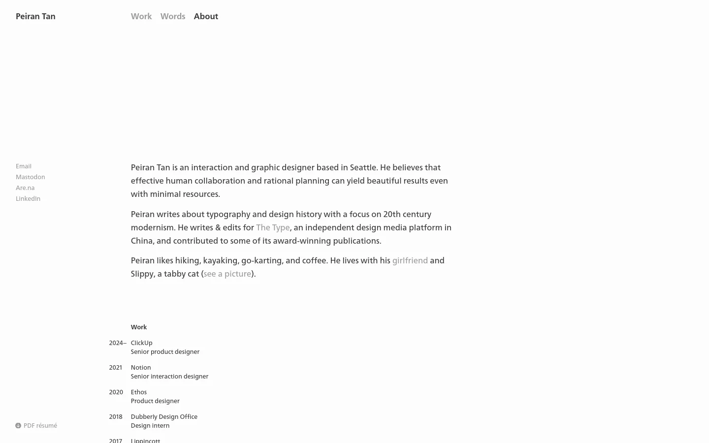 The desktop About page features a minimalist white layout with a two-column structure. The left column contains a vertical list of social links and a PDF résumé link, while the right column contains biographical text, a work history list, a publications list, and a speaking engagements list.