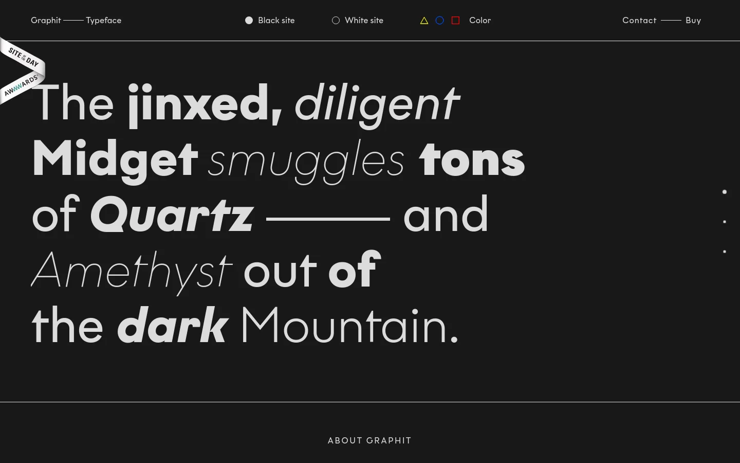 The desktop homepage features a dark minimalist design with large, high-contrast typography showcasing the Graphit typeface. A hero section displays a sentence in various weights and italics against a black background, flanked by navigation links like 'Contact' and 'Buy' at the top. A 'Site of the Day' award badge is positioned in the upper left corner.