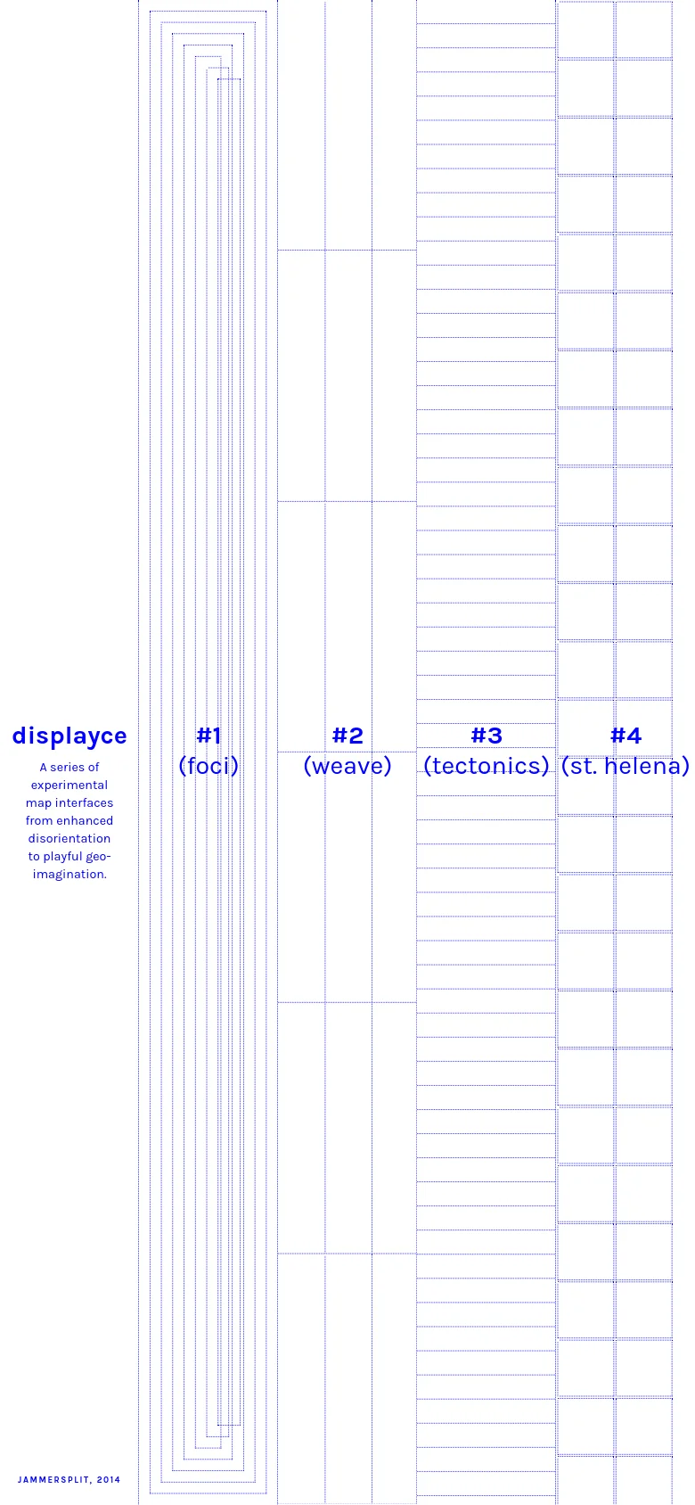The mobile version maintains the minimalist white and blue aesthetic but rearranges the layout into a vertical stack. The text description and title appear at the top left, followed by the four numbered project links (#1 through #4) which are stacked vertically above the geometric line patterns.
