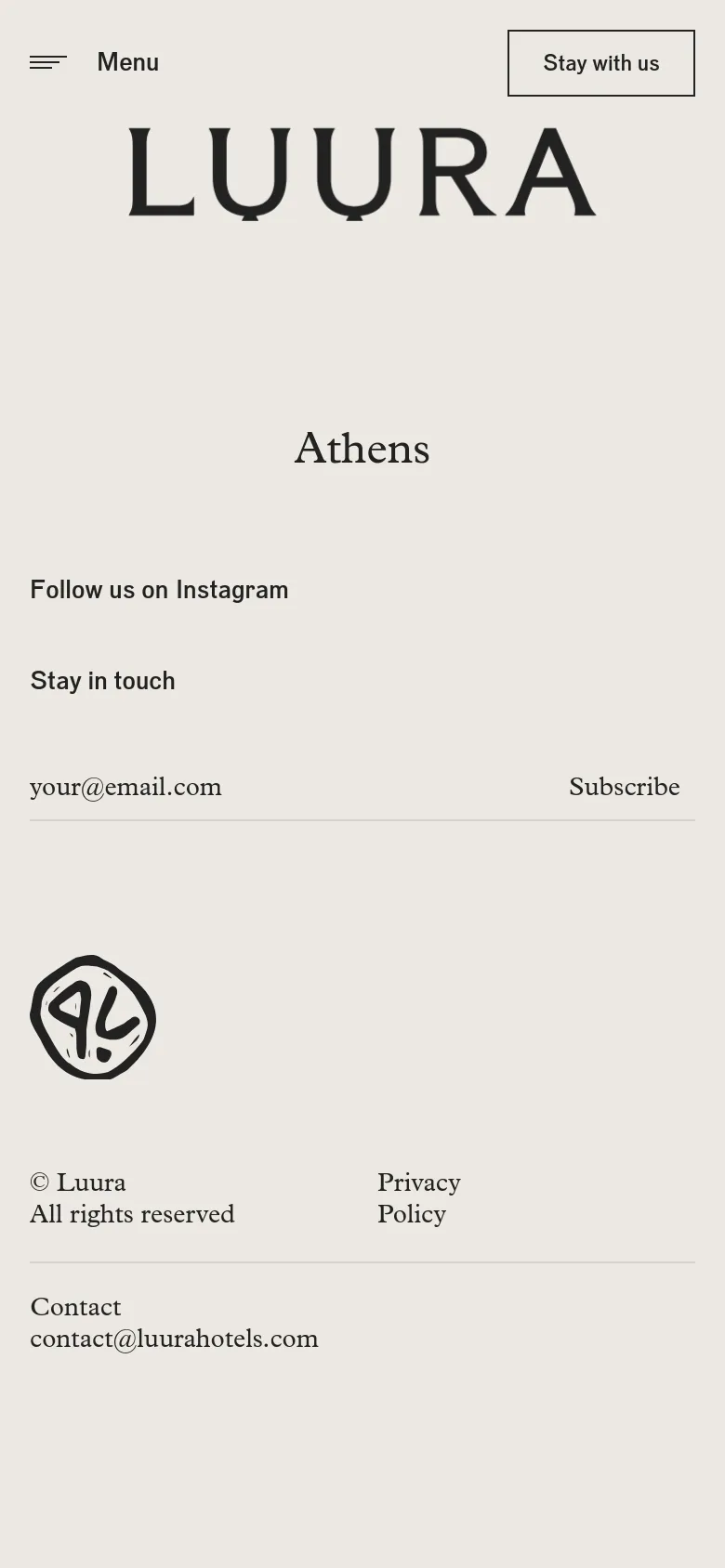 The mobile version maintains the minimalist beige and black aesthetic but uses a stacked layout. A hamburger menu and 'Stay with us' button appear at the top, followed by the LUURA logo, the 'Athens' headline, and vertically arranged sections for Instagram, email subscription, and footer information.