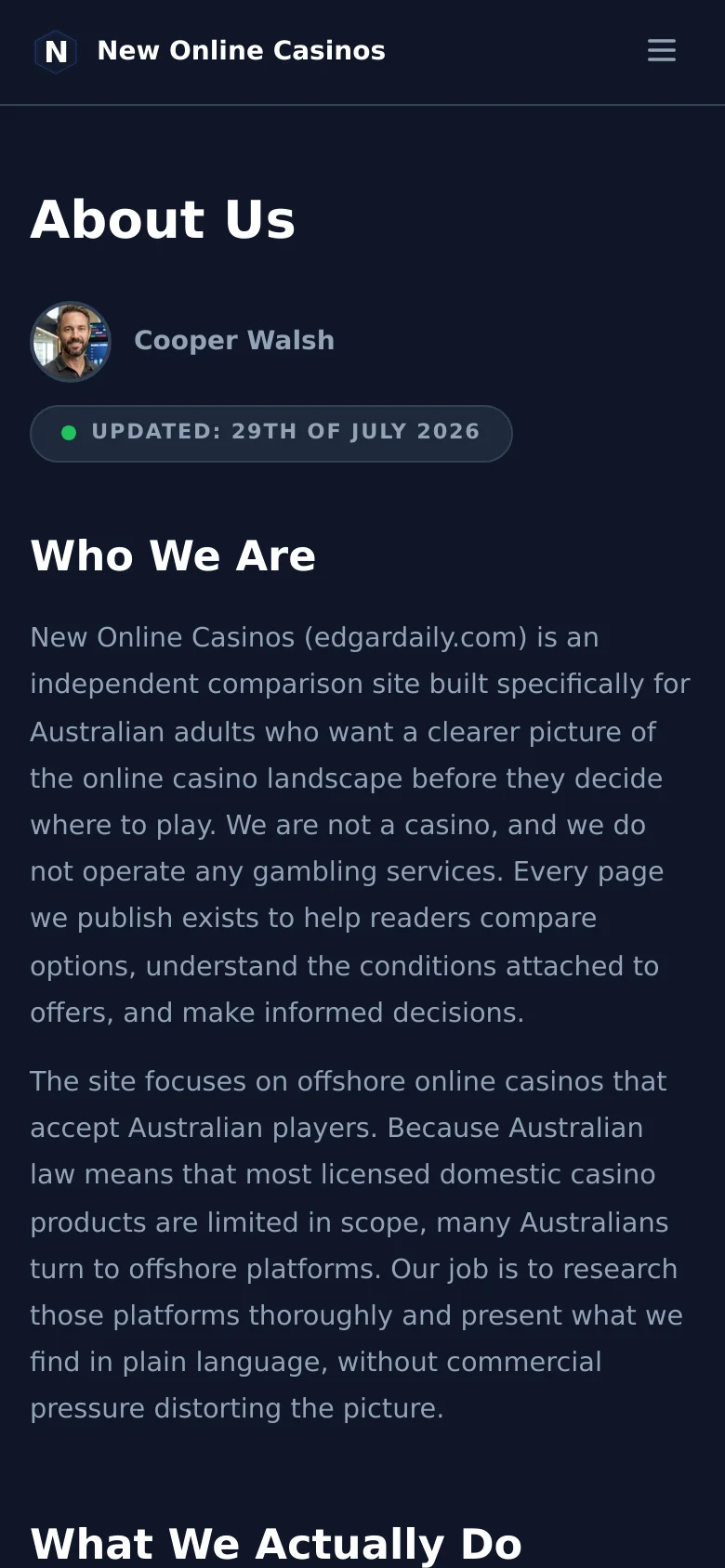 The mobile version uses a single-column layout optimized for vertical scrolling on a dark navy background. The top navigation is condensed into a hamburger menu icon next to the 'New Online Casinos' logo. The profile image, headline, and text content are centered or left-aligned to fit the narrower screen width.