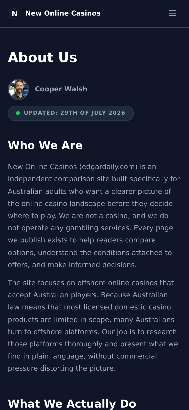 The mobile version uses a single-column layout optimized for vertical scrolling on a dark navy background. The top navigation is condensed into a hamburger menu icon next to the 'New Online Casinos' logo. The profile image, headline, and text content are centered or left-aligned to fit the narrower screen width.